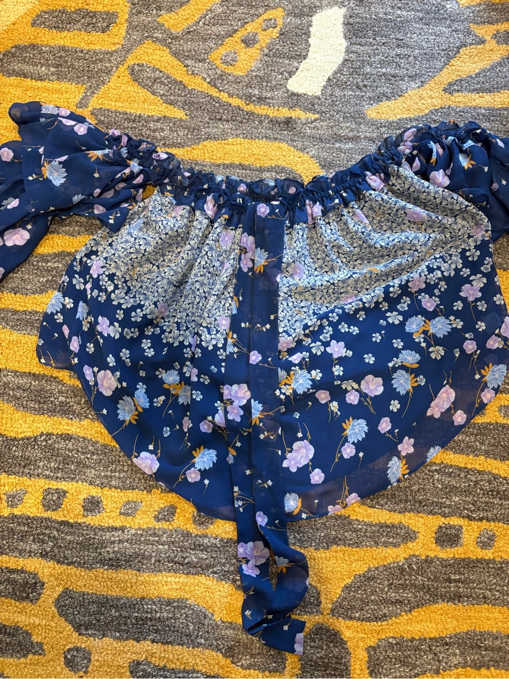 Girls Navy Blue Floral Smocked Waist Skirt